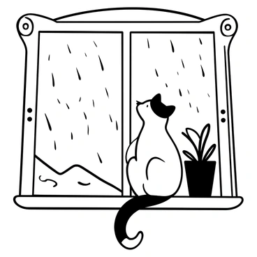 A cat with soft fur sitting on a windowsill, looking intently at the outside. Raindrops are sliding down the glass, creating a pattern of streaks. The window frame is detailed with ornate woodwork. Light trickles in from the rain-soaked scene outside, casting gentle shadows on the cat's back. A potted plant sits next to the cat, its leaves slightly drooping from the humidity.