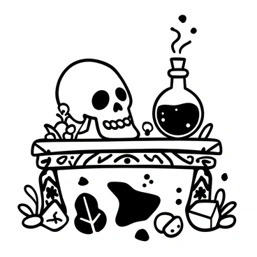 A "cat skull" positioned on a "mystic table" with intricate carvings. Next to the skull, there is a "bubbling potion" contained within a "glass vial" that has a cork stopper. The table is adorned with various "arcane symbols" and surrounded by scattered "magical ingredients" like herbs and crystals. The overall scene conveys an atmosphere of mystery and alchemy.