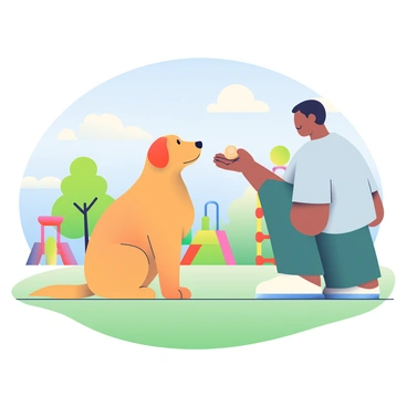 A medium-sized golden retriever is sitting on a green grass field in a park. The dog has a shiny coat and is looking up eagerly at its owner. The owner, a person with light brown skin and short black hair, is holding a small, round treat in their right hand, extending it towards the dog as a reward. Nearby, there are colorful playground equipment and a few trees with bright green leaves in the background. A blue sky with fluffy white clouds can be seen above, adding a cheerful atmosphere to the scene.