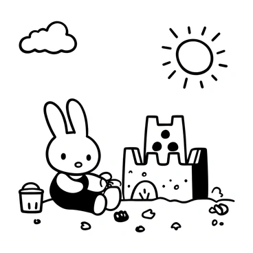 Miffy, a small rabbit character, is shown sitting on the sand at the beach, focused on constructing a sandcastle. She is wearing a simple outfit, and there is a small bucket and a spade beside her. The sandcastle is partially built, with towers and a wall made of sand, with detailed patterns imprinted on its surface. Around her, there are scattered seashells and small beach toys. Above, a large sun is shining brightly in the clear sky, with a few fluffy clouds. The scene conveys the joyous activity of building a sandcastle.