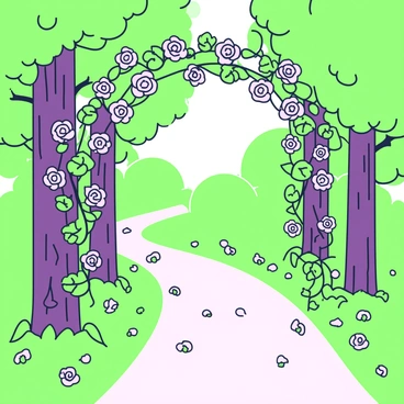 A narrow path winds through a dense forest. The path is flanked by tall trees with thick trunks and lush green foliage. Along the edges of the trail, wild rose vines twist and curl, their delicate flowers blooming in clusters. The vines create an archway effect above the path, partially shading the ground beneath. Sunlight filters through the leaves, casting dappled shadows on the earth below. The air is filled with the subtle fragrance of the roses, enhancing the natural beauty of the scene.