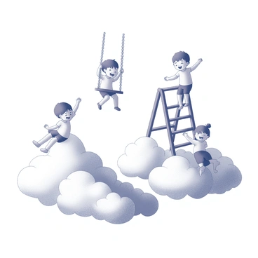 Children playing on fluffy clouds as though they were playgrounds