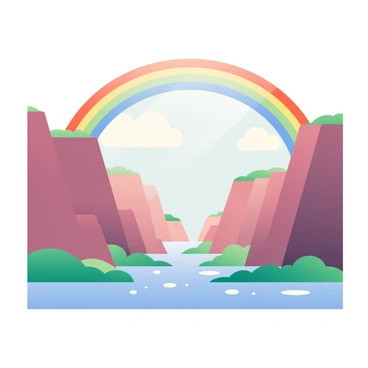 A rainbow with vibrant colors is arching gracefully over a wide canyon. The canyon has steep, rocky walls and is filled with lush green vegetation at the base. Below, the ground is glistening from a recent light rain shower, reflecting the colors of the rainbow. The sky above is a soft blue with a few fluffy white clouds scattered throughout. The scene captures the tranquility and beauty of nature after the rain.