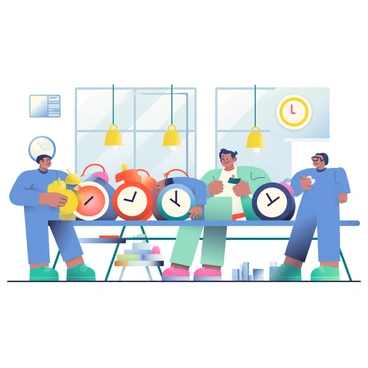 A factory assembly line is filled with various colorful alarm clocks in the process of being produced. The clocks come in a range of vibrant hues, including bright red, sunny yellow, deep blue, and soft green. Workers in blue uniforms are positioned along the line, carefully assembling the clocks. Some workers are attaching the clock faces, while others are installing the bells on top. Surrounding the assembly line are large windows allowing natural light to illuminate the area, highlighting the diverse colors of the clocks. There are tools and spare parts organized on nearby tables, and a large clock on the wall shows the time as 10:15 AM.