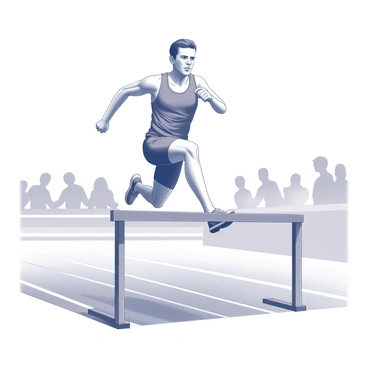 An athlete is captured mid-air, leaping over a hurdle on an athletic track. The athlete is wearing a form-fitting uniform and running shoes, showcasing a determined expression. The hurdle is positioned below, showing its height and structure. The track surface is visible beneath, marked with lane lines. In the background, there are blurred outlines of spectators watching the event, creating a sense of competition. The scene conveys the dynamic energy of the athletic track event.