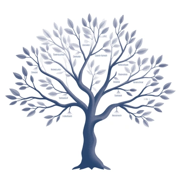 An intricate family tree illustration. The tree features numerous branches that extend outward, connecting various ancestors to their descendants. Each branch is carefully detailed, showcasing the relationships among family members. The names of individuals are inscribed along the branches, indicating their connections. The overall structure is symmetrical, with a strong trunk at the center, representing the common lineage. The leaves are stylized, adding an organic element to the design, enhancing the visual complexity of the family lineage.
