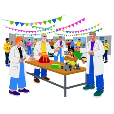 A group of three judges evaluating student science projects at a bustling science fair. Each judge is wearing a white lab coat and holding a clipboard with notes. One judge, a woman with glasses, examines a colorful display about solar energy, while another judge, an older man with a gray beard, inspects a model volcano that is spewing red lava. The third judge, a young man with short hair, engages with a student presenting a robotics project featuring a small, moving robot on a table. In the background, there are various science project displays, including poster boards and interactive experiments, with excited students and parents walking around. Bright banners overhead announce the science fair.
