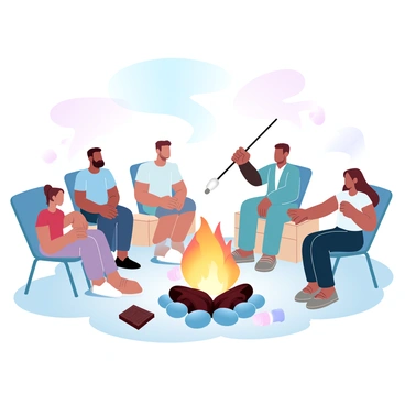 A man is sitting on a log, holding a long skewer with a marshmallow over a glowing firepit. He is surrounded by several friends, some seated on chairs and others on the ground, all engaged in conversation. The firepit is surrounded by smooth stones, and the flames flicker warmly, casting a gentle light on their faces. The scene is adorned with a few blankets draped over chairs and a starry night sky above them, creating a cozy atmosphere. Small bags of marshmallows and chocolate bars are placed on a nearby wooden table.