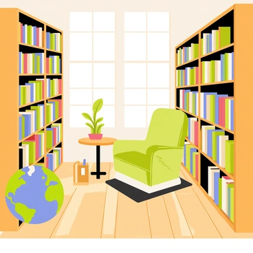 A library with tall wooden shelves filled with various books on "green architecture" and "sustainability." The shelves are lined with books in shades of green and earthy tones. Sunlight streams through large windows, illuminating a cozy reading nook with a comfortable armchair and a small wooden table. A potted plant sits on the table, adding a touch of nature to the space. The floor is made of warm wooden planks, and a soft rug lies beneath the reading area. A large globe sits in one corner, complementing the theme of environmental awareness.