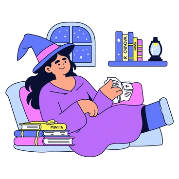 A witch with long, flowing black hair is curled up in a cozy reading nook. She is wrapped in a thick, warm blanket with a rich purple color. Beside her is a stack of colorful books, some with intricate covers and titles written in gold. The reading nook features a small, rounded window with a view of a starry night sky. There is a lantern on a nearby shelf, casting a gentle, warm light over the scene.
