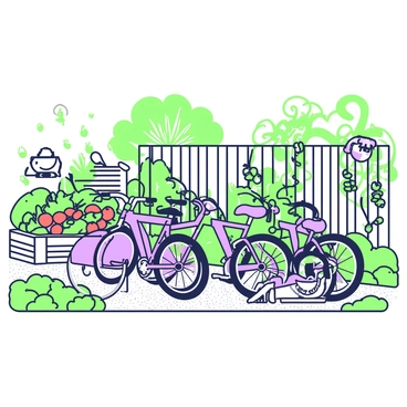 A row of bicycles is parked neatly along a gravel pathway in an urban community garden. Each bicycle has a unique design, showcasing various shapes and styles. In the background, raised garden beds overflow with fresh vegetables such as tomatoes, lettuce, and peppers. The garden is bordered by a wooden fence with climbing plants. On one side, a water fountain adds a touch of charm, while a wooden bench sits invitingly nearby, surrounded by vibrant green foliage. Sunlight filters through the leaves, creating dappled patterns on the ground.