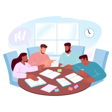A group of four students is gathered around a large wooden table, with books and notebooks spread out in front of them. One student is pointing at a textbook while the others are leaning forward, engaged in conversation. The students are of diverse backgrounds, with various hairstyles and clothing styles. A large window in the background lets in soft, natural light, and there are colorful sticky notes scattered across the table, adding a pop of color to the scene. A clock on the wall indicates the time, suggesting they are preparing for their exam.