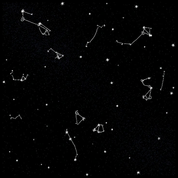 A night sky is filled with numerous stars scattered across the expanse. Various constellations are clearly outlined, their shapes distinct against the background. The stars twinkle, creating a vibrant display, while the constellations are connected by fine lines, enhancing the intricate details of each formation. The overall composition is balanced, with a vast sense of depth and wonder in the arrangement of celestial elements.