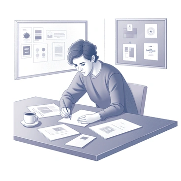 An illustrator is seated at a wooden table, sketching with a pencil on a sheet of white paper. The table is cluttered with various branding materials, including color swatches, printed samples of past designs, and a few rough drafts of logo concepts. The illustrator is focused, with a thoughtful expression, as they draw. Beside them, a cup of coffee sits, adding to the creative atmosphere. On the wall in the background, a bulletin board is visible, displaying inspirational images and notes related to design ideas.