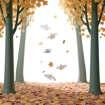 A cluster of maple seed 'helicopters' gently tumbling through the air, showcasing their characteristic winged shape. Below them, a forest floor covered with a rich layer of fallen leaves in various shades of brown and orange. Tall trees with vibrant green and yellow foliage surround the scene, their trunks sturdy and textured. Sunlight filters through the branches, creating dappled patterns on the ground, while a few seeds gracefully spiral down, some landing softly among the leaves.