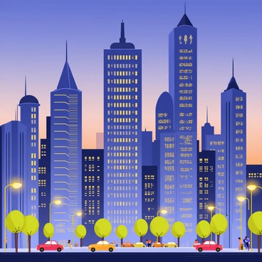A modern city skyline set at dusk with glowing skyscrapers and bustling streets below