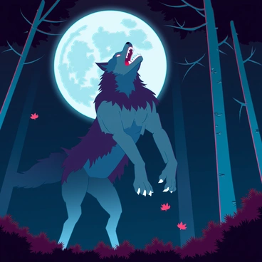 A werewolf stands in a dark forest, its body contorted in the midst of transformation under the bright light of a full moon. The creature's fur is a mix of deep gray and black, and its muscles are visibly bulging as it transforms. Its face is partially wolf-like, with elongated jaws and sharp teeth emerging. The full moon casts a silvery glow, illuminating the scene and creating shadows among the trees. Surrounding the werewolf, the underbrush is dense with foliage, and a few scattered leaves are caught in mid-fall. The expression on the werewolf's visage is a blend of agony and primal intensity, capturing the raw power of the moment.