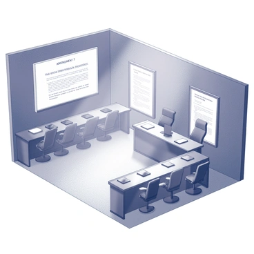 A futuristic courtroom with sleek, high-tech design elements. The room is spacious, featuring a raised judge's bench equipped with digital displays. The walls are adorned with large screens showcasing principles related to "Amendment 7." The seating area includes modern chairs arranged in a semi-circle facing the judge. The floor is polished, reflecting the digital lighting above. Various technological devices are integrated into the design, including tablets on each attorney's desk. A holographic display projects critical information in the center of the courtroom, creating a dynamic visual atmosphere.
