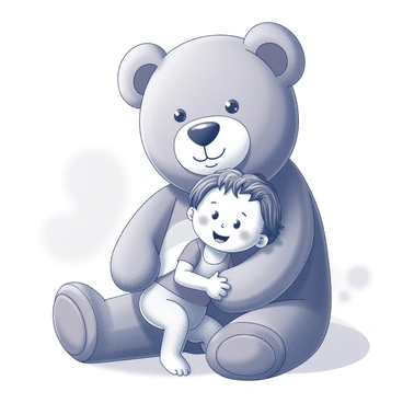 A large teddy bear is sitting down with its arms wrapped around a small child. The child, with a cheerful expression, leans into the bear, both figures displaying broad smiles. The bear has distinct features including large round eyes and a stitched mouth, while the child has tousled hair and is wearing a simple outfit. The background includes soft, abstract shapes suggesting warmth and comfort.