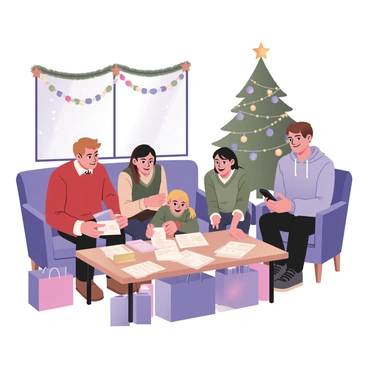 A family gathered in a cozy living room, reviewing holiday shopping receipts. The room is decorated with colorful garlands and twinkling lights draped across the walls. A large, decorated Christmas tree stands in the corner, adorned with ornaments and a star on top. The family consists of four members: a father with light brown hair wearing a red sweater, a mother with dark hair in a green cardigan, a young girl with blonde hair in pigtails, and a teenage boy with short brown hair wearing a gray hoodie. They are seated around a wooden coffee table covered with shopping bags and neatly arranged receipts. The mother is pointing to a receipt while the girl looks excitedly at the items listed. The boy is holding a smartphone, possibly checking prices, while the father smiles and nods in agreement. Snow can be seen gently falling outside the window.