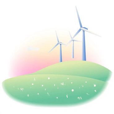 A row of tall wind turbines stands prominently on a gentle hill. The turbines are white, their blades slowly rotating in the calm morning breeze. The soft light of dawn casts a warm glow over the scene, illuminating the environment in pastel hues. Below the turbines, a lush green field is covered in glistening dew, each droplet sparkling in the early sunlight. The grass sways slightly, adding a sense of movement to the tranquil landscape. The sky is painted in shades of pink and orange, signaling the start of a new day.