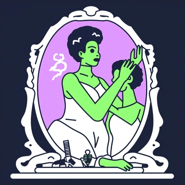 The Bride of Frankenstein is seated in front of a large, ornate mirror. Her face is partially illuminated by a soft light, highlighting her striking features. She is wearing a classic white gown that flows elegantly around her. Her iconic hair is styled high and features distinct lightning bolt streaks, creating a dramatic effect. She is using both hands to carefully adjust her hair, with a focused expression on her face. On the vanity table in front of her, there are various hair styling tools and an old-fashioned hairbrush. The background reveals a dark, shadowy room that enhances the mood of the scene.