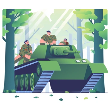 A group of soldiers with camouflage uniforms is riding atop a large green military tank as it moves through a dense forest. The tank has a textured metal surface and is equipped with a rotating turret. Surrounding the tank are tall, green trees with thick trunks, and patches of sunlight filter through the leaves, creating dappled light on the forest floor. Some soldiers are holding onto the tank's edges, while others are looking into the distance, alert to their surroundings. A few fallen branches and scattered leaves can be seen on the ground, contributing to the natural setting.
