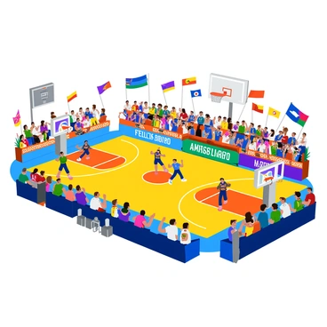 A vibrant basketball court filled with action during an international game. Players from various countries are actively engaged in the game, wearing colorful jerseys representing their nations. Flags from different countries are prominently displayed around the court, flapping in the air. Spectators in the stands are cheering enthusiastically, waving their country's flags. The scoreboard above shows the current score, adding to the competitive atmosphere of the event.