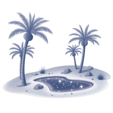 A desert landscape features a small pond at its center. The pond reflects the night sky filled with stars. Surrounding the pond are several palm trees with detailed fronds reaching upwards. The sandy ground is scattered with small rocks and tufts of grass. The overall scene captures the tranquility of the desert at night, highlighted by the contrast of the dark sky and the gentle light from the stars.