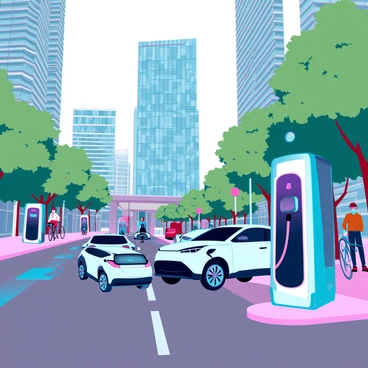 A modern electric vehicle charging station in a bustling city street