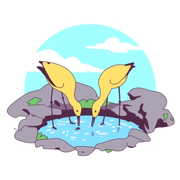 Two yellow shorebirds with slender legs and long beaks are standing at the edge of a small rock pool. The birds are bending their necks down, pecking at the water’s surface and looking for food. The rock pool is surrounded by jagged gray rocks, with some patches of green seaweed scattered across the stones. The sun casts bright light on the scene, creating shimmering reflections in the clear water of the pool. The sky above is a soft blue with a few wispy white clouds.