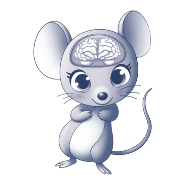 A cute cartoon mouse with a visible anatomical brain diagram inside its head