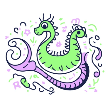 An engraving of a mythical creature is displayed prominently. The creature has an elongated body with intricate, swirling lines that weave through its form, highlighting its unique features. Its head is adorned with decorative horns, and its eyes are large and expressive. The scales of the body are covered in ornate patterns that add to its majestic appearance. Surrounding the creature, there are delicate flourishes and embellishments that enhance the overall complexity of the engraving, creating a captivating visual experience.