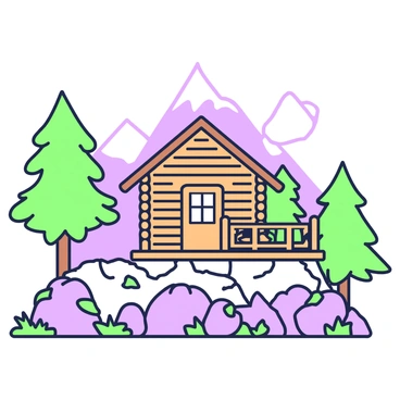 A strong stone foundation is visible, supporting a rustic mountain cabin made of wooden logs. The cabin has a sloping roof covered with wooden shingles. In front of the cabin, there are several boulders scattered across the ground, with patches of grass peeking through the rocky surface. Tall pine trees surround the cabin, their branches extending in various directions. The backdrop features a range of rugged mountains, with the peaks partially obscured by clouds. A small wooden porch extends from the front of the cabin, featuring a simple railing and a couple of wooden chairs. The scene captures the essence of mountain living.