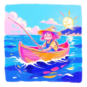 A troll face character is sailing in a small wooden boat. The boat is gently bobbing on a calm sea, with light waves lapping at its sides. The troll face is exaggerated, with large eyes and a wide grin. The character is wearing a simple fishing hat. In the background, there is a clear blue sky with a few fluffy white clouds. The sun is shining brightly, casting reflections on the water’s surface.