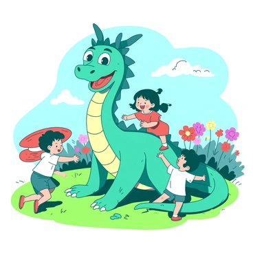 A teal friendly dragon is sitting on a grassy field, surrounded by a group of children. The dragon has big, cheerful eyes and a wide smile, its scales glinting in the sunlight. A little girl with pigtails is sitting on the dragon's back, laughing joyfully. Two boys are running around the dragon, one of them is holding a red frisbee, while the other is pretending to fly with outstretched arms. Nearby, a toddler is gently petting the dragon's tail. In the background, there are colorful flowers and a bright blue sky with fluffy white clouds.