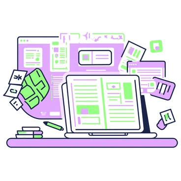 A wooden desk is covered with a plethora of documents and materials. In the center, there is a detailed creative briefing document open, showcasing several pages filled with text and diagrams. Surrounding the document are various colorful illustrations that depict concepts and ideas. On the left side of the desk, there is a stack of sticky notes in a variety of shapes and sizes, some of which have hand-written notes. A green pen lies next to the documents, and a laptop is partially visible in the background, displaying a digital version of the briefing document. The desk is well-organized, inviting a sense of focus and creativity.