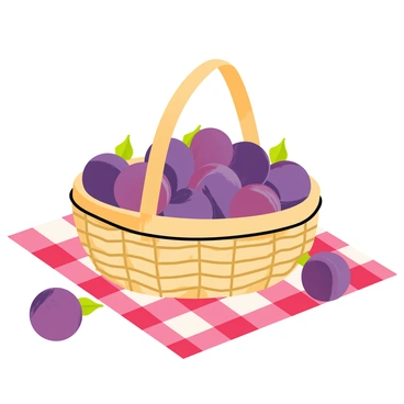 A woven basket filled with round, shiny purple plums sits in the center of a checkered picnic blanket. The plums have a slightly reflective surface, showcasing their deep color and subtle hues of red. The basket has a traditional design with natural fibers woven together, creating a rustic appearance. The picnic blanket features alternating red and white squares, contrasting against the vibrant plums. A few plums are scattered around the basket, adding to the freshly picked theme of the scene.