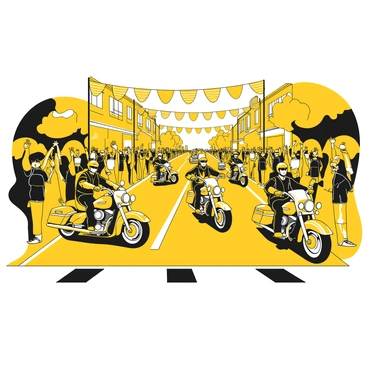 A group of bikers riding their motorcycles in a city parade, wearing helmets and leather jackets. The bikers are scattered throughout the street, showcasing different styles of bikes. They are surrounded by cheering crowds on either side, raising their hands and waving flags. Colorful banners hang from buildings in the background, adding to the festive atmosphere. The pavement is lined with spectators, some holding cameras to capture the moment.