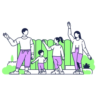 A family of four is practicing qi gong together in their backyard. The scene captures the family members standing in a line, each in a different stance. The father, with short hair, is positioned at the left, wearing a light-colored top and dark pants, arms raised in a flowing motion. Next to him is the mother, with long hair tied back, dressed in a loose-fitting shirt and comfortable pants, gently swaying side to side. The children, a boy and a girl, are mirroring their parents' movements, both wearing matching athletic outfits. In the background, there is a wooden fence and a few potted plants, completing the outdoor setting.
