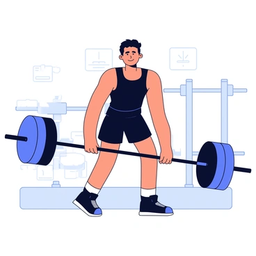 A weightlifter is performing a deadlift with proper form. The weightlifter is a muscular person wearing a black tank top and shorts. They have their feet positioned shoulder-width apart, and their grip is strong on a barbell resting on the ground. Their shoulders are pulled back, showcasing scapular retraction. The weightlifter’s back is straight, and their knees are slightly bent. The environment is a gym setting with weights and lifting equipment in the background.