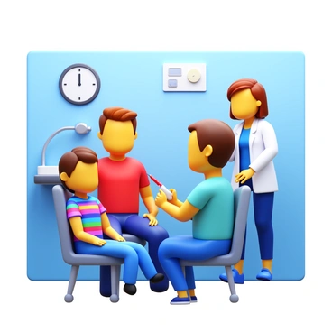 A child sitting in a medical exam room with a look of determination on their face. The child has short hair and is wearing a colorful t-shirt. Next to the child, a parent is seated, providing support, with a reassuring hand placed on the child’s shoulder. The parent has short hair and is dressed in a casual outfit. A healthcare professional, wearing gloves and a lab coat, is preparing a syringe for the blood test. The room features medical equipment in the background, such as a blood pressure monitor and a sink. A wall clock displays the time. The atmosphere conveys a sense of calm and reassurance.