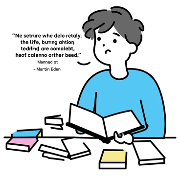 A close-up of a young man with tousled dark hair and a contemplative expression, embodying Martin Eden. He is gazing thoughtfully at an open book resting on a wooden table. Scattered around him are several other open books with worn pages, creating a sense of literary immersion. The background is blurred, emphasizing the intense focus on Martin as he reflects on a quote from his favorite author, conveying a moment of deep contemplation and connection to literature.