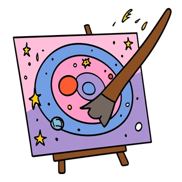 A large, colorful paintbrush with a wooden handle is in the process of painting a swirling galaxy on a canvas. The galaxy features vibrant hues of purple, blue, and pink, with white and yellow stars scattered throughout. Several planets of various sizes and colors, including a red planet and a blue gas giant, are depicted within the galaxy. Bright, shimmering shooting stars streak across the canvas, adding dynamic movement to the scene. The background is a soft gradient that enhances the cosmic theme.