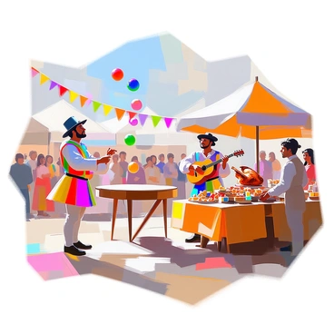 A lively scene from a renaissance fair with performers and vendors