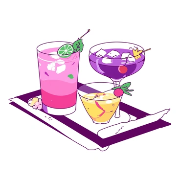 A vibrant display of cocktails features sake as the main ingredient. Each cocktail is served in elegant glassware, showcasing a variety of colors and garnishes. One cocktail is a bright pink drink with a slice of fresh lime on the rim and a sprig of mint. Another is a rich purple cocktail adorned with edible flowers floating on the surface. A third cocktail is a light yellow drink, garnished with a twist of citrus peel and a cherry. The drinks are arranged on a sleek white surface, with ice cubes glistening in the glasses, creating an inviting scene.