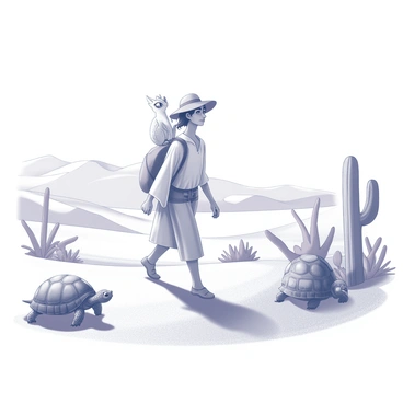 An illustrated scene of a traveler navigating a desert landscape filled with storybook creatures