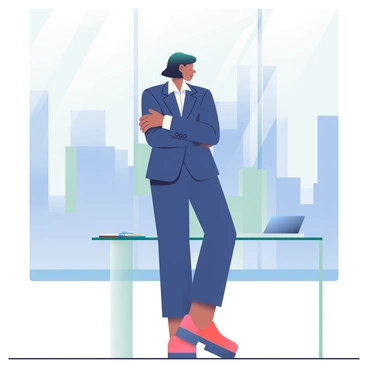 A businesswoman with short black hair is standing by a large window, looking out at the city skyline. She is dressed in a fitted navy blue blazer and matching trousers, with a white blouse underneath. The window reflects the daylight, casting soft shadows in the room. The city skyline is visible in the background, showcasing tall skyscrapers and a clear blue sky. Her arms are crossed as she gazes thoughtfully at the view. A sleek glass desk with a few documents and a laptop is positioned nearby.