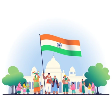 The Indian national flag is being hoisted proudly in front of the Parliament building. The flag features horizontal stripes of deep saffron at the top, white in the middle, and green at the bottom, with the Ashoka Chakra in navy blue at the center. A group of people in traditional Indian attire is gathered around, watching the ceremony. Some individuals are holding small flags, while others are capturing the moment on their smartphones. The Parliament building, with its distinctive architectural design, is in the background under a clear blue sky, and there are lush green trees lining the scene.