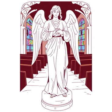 A white marble statue of an angel with outstretched wings stands majestically inside a church. The angel has a serene expression and detailed features, with flowing robes that cascade softly down its figure. Light filters through stained glass windows, casting colorful patterns on the polished stone floor. Surrounding the statue, there are wooden pews, and the church's arched ceiling rises high above, adorned with intricate carvings.